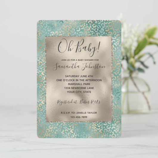 金ゴールドアクアティール(緑がかった色)ターコイズグラムレオパードプリント 招待状 (スタンド正面)