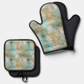 金ゴールドアクアトロピカル離れ 鍋つかみ&鍋敷きセット (正面/裏面)
