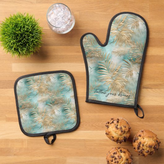 金ゴールドアクアトロピカル離れ 鍋つかみ&鍋敷きセット (トップダウン)