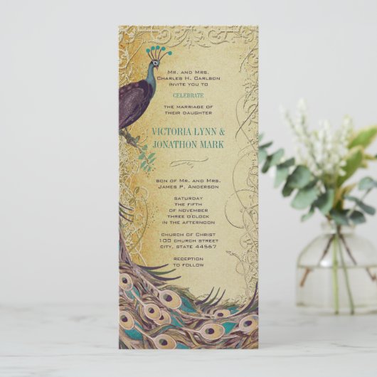 金ゴールドアクアナスアールヌーボーピーコック結婚ズ 招待状 (スタンド正面)