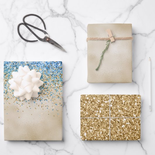 金ゴールドアクアパープルグリッタースパーク ラッピングペーパーシート (正面)