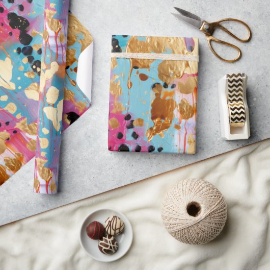 金ゴールドアクアピンク抽象芸術ヒョウ ラッピングペーパー (クラフト)