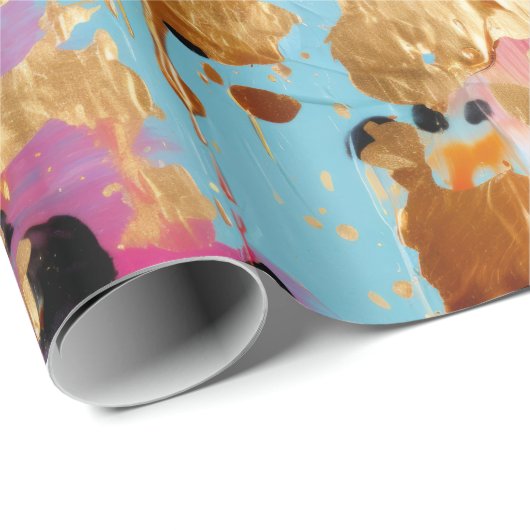 金ゴールドアクアピンク抽象芸術ヒョウ ラッピングペーパー (ロールコーナー)