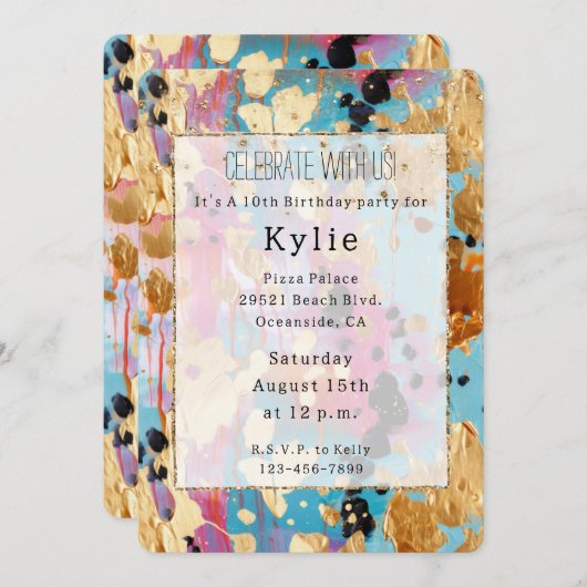 金ゴールドアクアピンク抽象芸術ヒョウ 招待状 (正面/裏面)