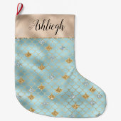 金ゴールドアクアブルーグリッターマーメイドスパークル ラージクリスマスストッキング (正面)