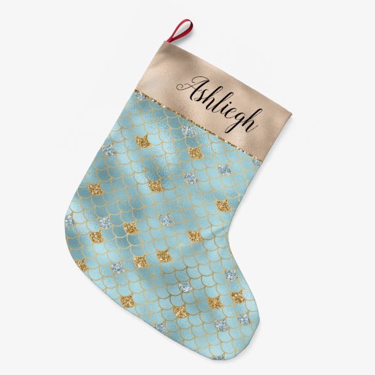 金ゴールドアクアブルーグリッターマーメイドスパークル ラージクリスマスストッキング (正面 (吊り時))