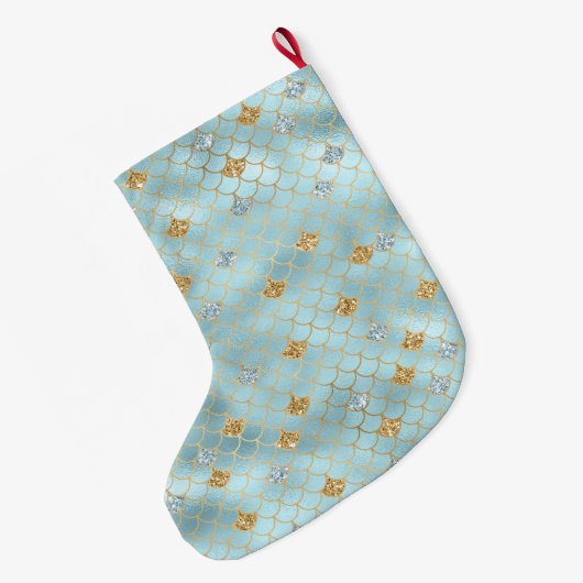 金ゴールドアクアブルーグリッターマーメイドスパークル ラージクリスマスストッキング (裏面 (吊り時))