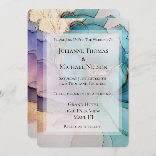 金ゴールドアクアブルーパープルフローラロマンチック結婚ズ 招待状 (正面/裏面)