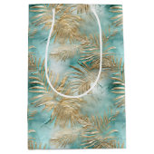 金ゴールドアクアホワイト熱帯葉 ミディアムペーパーバッグ (正面)