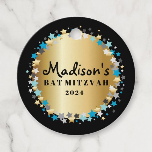 金ゴールドアクア金ゴールドスターバーバルミツワー招待状 フェイバータグ (正面)