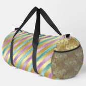 金ゴールドアクア&パープルサテンストライプのルックパターン ダッフルバッグ (右コーナー)