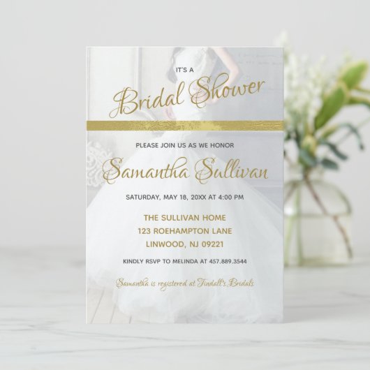 金ゴールドアクセンシンプルトフォトブライダルシャワー招待 招待状 (スタンド正面)