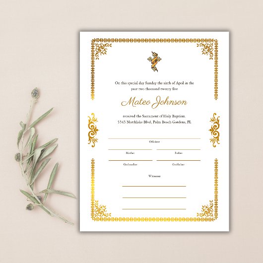 金ゴールドアクセントカエレガントトリックバプテスマ証明書