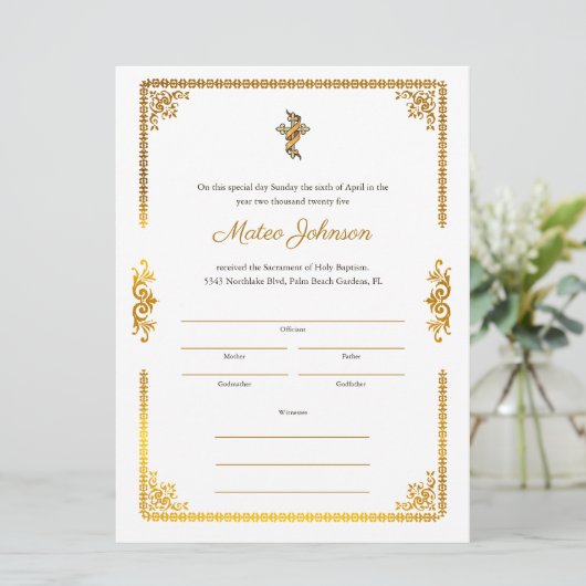 金ゴールドアクセントカエレガントトリックバプテスマ証明書 (スタンド正面)