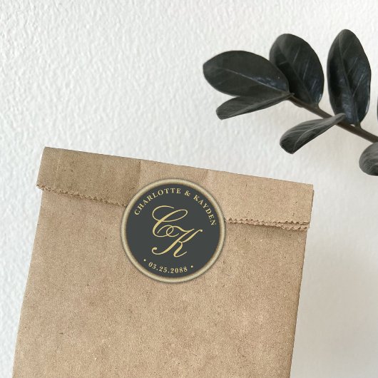 金ゴールドアクセントダークグリーンモノグラム結婚式の引き出物 ラウンドシール