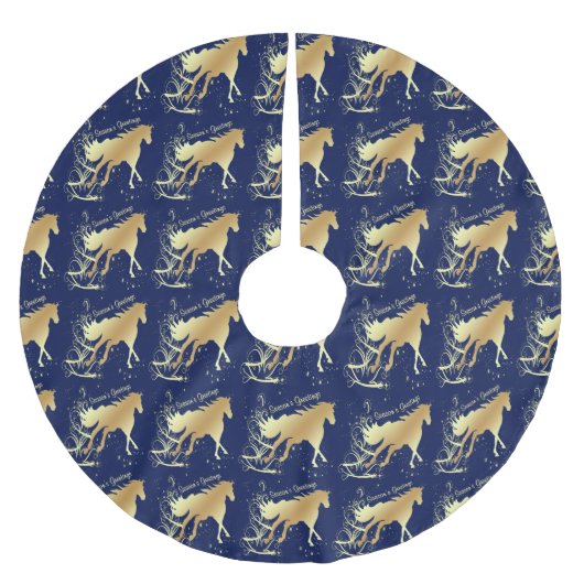 金ゴールドアクセント付き青い季節のごあいさつ ブラッシュドポリエステルツリースカート (正面)