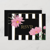 金ゴールドアクセント黒ストライプデイジーピンクRSVP 出欠カード (正面/裏面)
