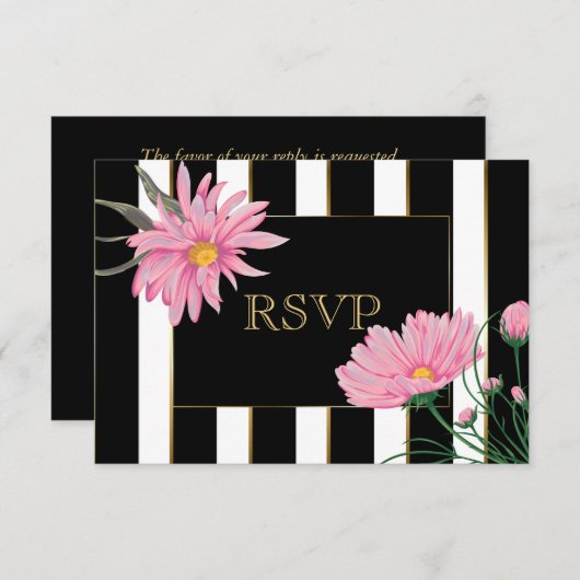 金ゴールドアクセント黒ストライプデイジーピンクRSVP 出欠カード (正面/裏面)
