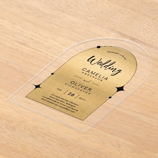 金ゴールドアクリルウェディングキズブラック文字 モダン アクリル招待状 (レイダウン)