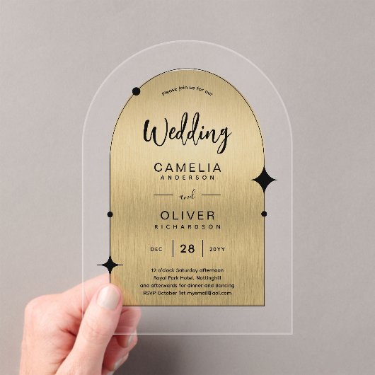 金ゴールドアクリルウェディングキズブラック文字 モダン アクリル招待状 (インサイチュ (ポータブル))