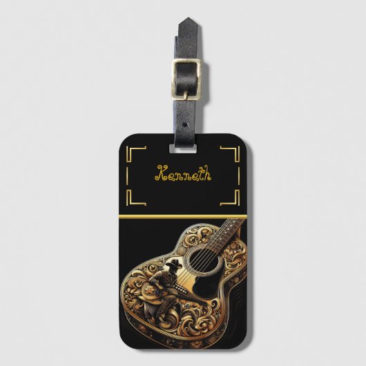 金ゴールドアコースティックギター(ウェスタンチャーム) ラゲッジタグ (正面縦)