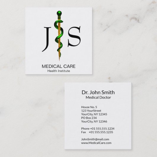 金ゴールドアスクレピウス医療のハーブグリーンロッド スクエア名刺 (正面/裏面)