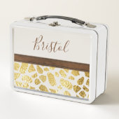 金ゴールドアニマルプリントフェイクレザートリパーソナライズされたム メタルランチボックス (正面)