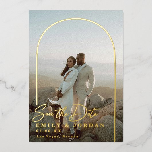 金ゴールドアモダンーチ写真ミニマル日付の保存 箔招待状 (正面)