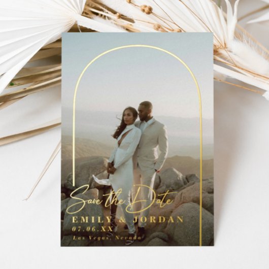 金ゴールドアモダンーチ写真ミニマル日付の保存 箔招待状