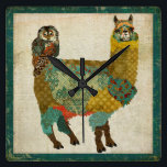 金ゴールドアルパカ&ティール（緑がかった色）フクロウ壁時計 スクエア壁時計<br><div class="desc">デザインバイニコールキング©2013</div>