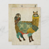 金ゴールドアルパカ&ティール(緑がかった色)フクロウ葉書 ポストカード (正面/裏面)