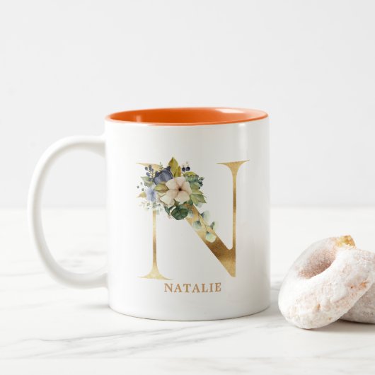 金ゴールドアルファベットNモノグラム |葉 ツートーンマグカップ (ドーナツ)