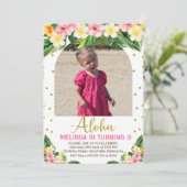 金ゴールドアロハフローラの葉アーチ写真誕生日 招待状 (スタンド正面)