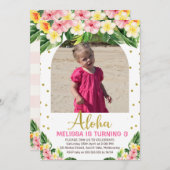 金ゴールドアロハフローラの葉アーチ写真誕生日 招待状 (正面/裏面)