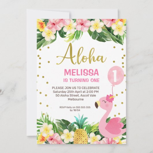 金ゴールドアロハフローラの葉フラミンゴ1歳 招待状 (正面)