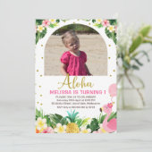 金ゴールドアロハフローラフラミンゴアーチ写真第1誕生日 招待状 (スタンド正面)