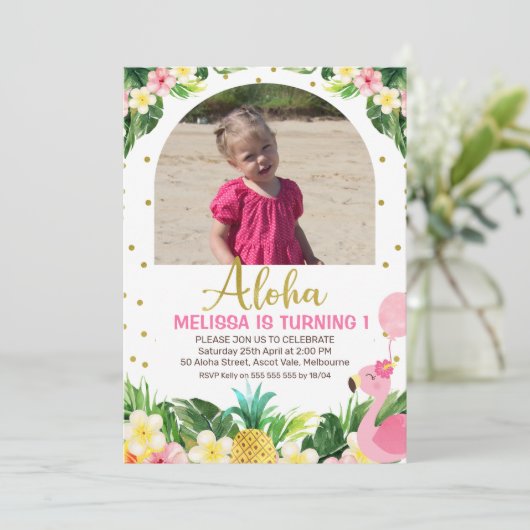 金ゴールドアロハフローラフラミンゴアーチ写真第1誕生日 招待状 (スタンド正面)