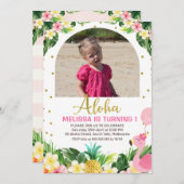 金ゴールドアロハフローラフラミンゴアーチ写真第1誕生日 招待状 (正面/裏面)