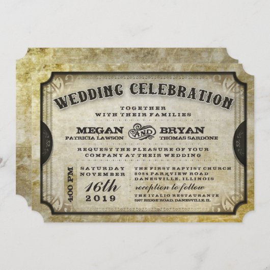 金ゴールドアンティークチケットウェディング招待披露宴情報 招待状 (正面/裏面)