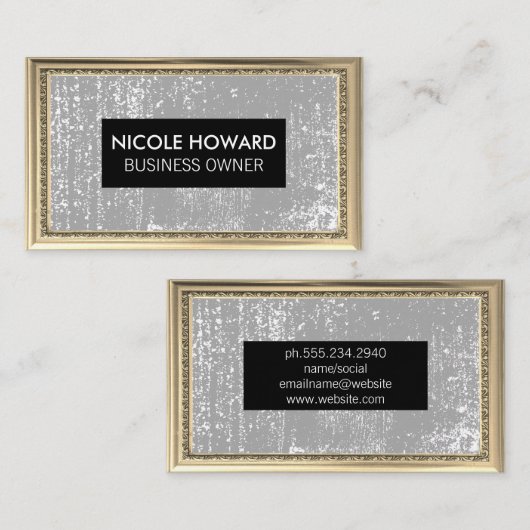 金ゴールドアンティーク枠 |グレーのテクスグランジチャ 名刺 (正面/裏面)