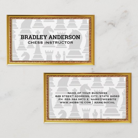 金ゴールドアンティーク縁ど |チェスの駒 名刺 (正面/裏面)