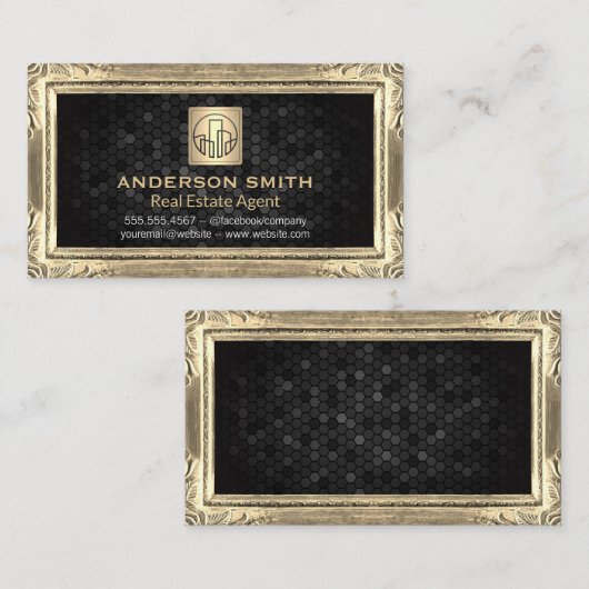 金ゴールドアンティーク縁ど |建物アイコン |幾何学的 名刺 (正面/裏面)