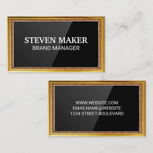 金ゴールドアンティーク縁ど | 黒い光沢背景 名刺 (正面/裏面)