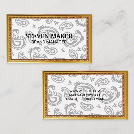 金ゴールドアンティーク縁ど | 黒ペイズリー花柄 名刺 (正面/裏面)