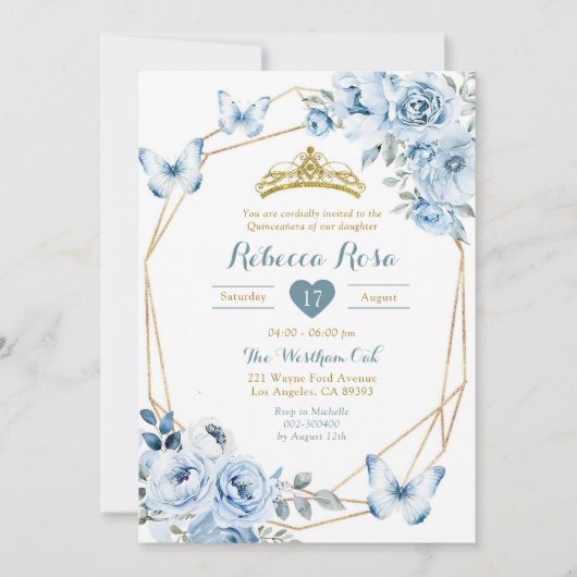 金ゴールドアンドダスティーブルーフローラクラウンキンチェニェラ 招待状 (正面)