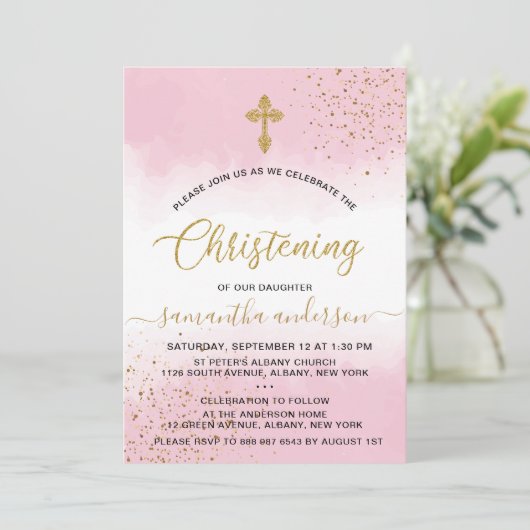 金ゴールドアンドピンクウォーターカラーガール《キリスト教》洗礼式や命名式 招待状 (スタンド正面)