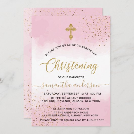 金ゴールドアンドピンクウォーターカラーガール《キリスト教》洗礼式や命名式 招待状 (正面/裏面)
