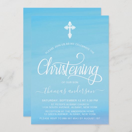 金ゴールドアンドブルーウォーターカラーボーイ《キリスト教》洗礼式や命名式 招待状 (正面/裏面)