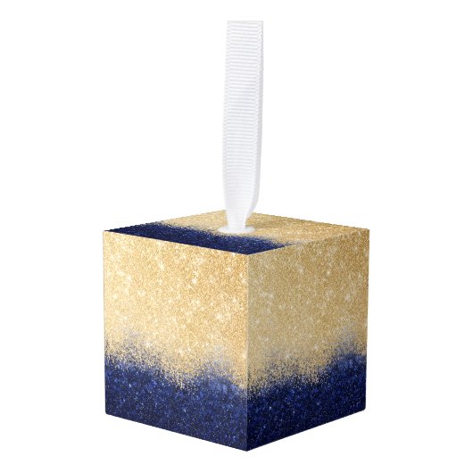 金ゴールドアンドブルーグリッターグラデーションラグジュアリーデザイン キューブオーナメント (正面アングル)