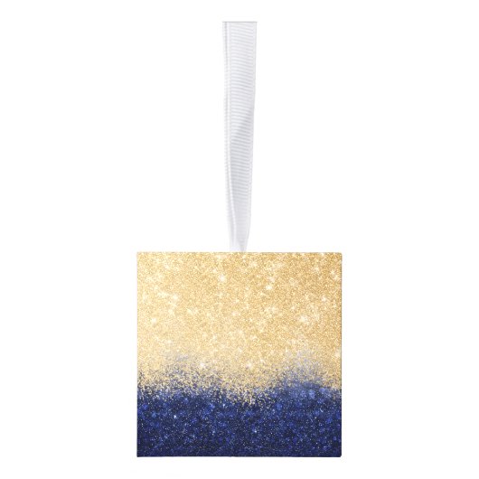 金ゴールドアンドブルーグリッターグラデーションラグジュアリーデザイン キューブオーナメント (右)